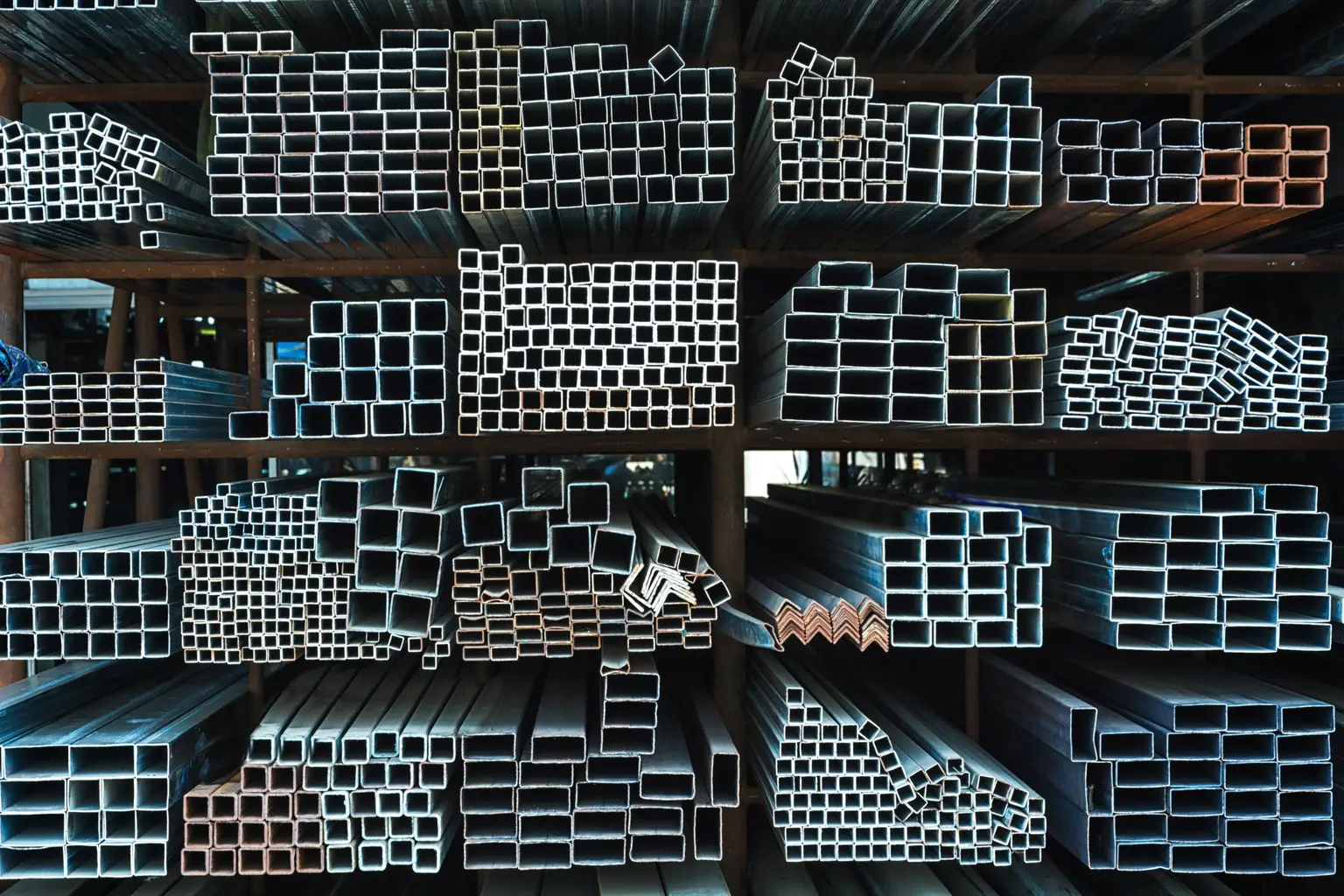 Aluminium sections stacked on warehouse racks
